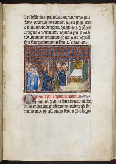 コットン ティベリウス B. VIII f.58r 「フランス王シャルル 5 世の戴冠式の書」より王笏とヴィルガ (「正義の主」) を受け取る王 作： Master of the Coronation Book of Charles V