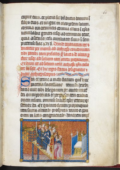 コットン ティベリウス B. VIII f.63r 「フランス王シャルル 5 世の戴冠式の書」より、ソリウムで国王を玉座に導くフランスの貴族 作： Master of the Coronation Book of Charles V