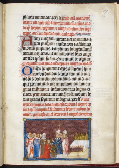 コットン ティベリウス B. VIII f.69r 「フランス王シャルル 5 世の戴冠式の書」より王笏とヴィルガを受け取る女王 作： Master of the Coronation Book of Charles V