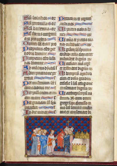 コットン ティベリウス B. VIII f.73r、オリフラムを祝福するランス大司教、「フランス王シャルル 5 世の戴冠式の本」の挿絵 作： Master of the Coronation Book of Charles V