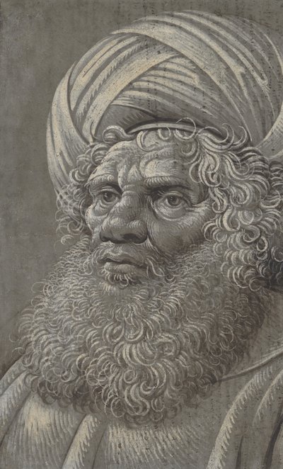 ターバンを身に着けたひげを生やした男の頭、ラテン語の文字の裏面、約 1510年。 作： Master of the Death of Absalom