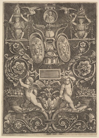 装飾パネル、下段にコルヌコピアの上に立つプッティ、1530-60年。 作： Master of the Die