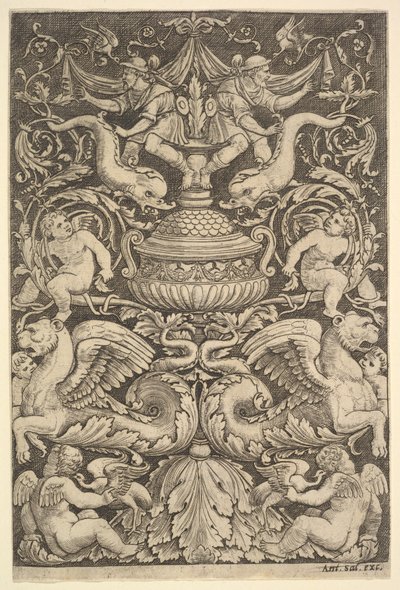 中央に大きな壷、プッティ、その他の人物が描かれた装飾パネル、1530～60年。 作： Master of the Die