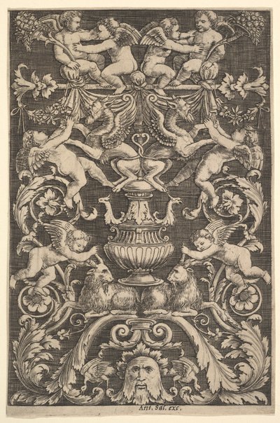 プッティやヤギなどの人物が描かれた装飾パネル、1530-60年。 作： Master of the Die