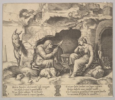 プレート1：ロバに変身して老婆の話を聞くアプレイウス...1520-70年。 作： Master of the Die