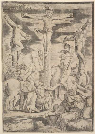 1532年、十字架上のキリストの前で両手を広げた百人隊長の改心。 作： Master of the Die