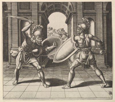 アーチの前で戦う 2 人のグラディエーター、1530～60 年。 作： Master of the Die