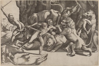 獣と戦う5人の男 作： Master of the Die after Giulio Romano