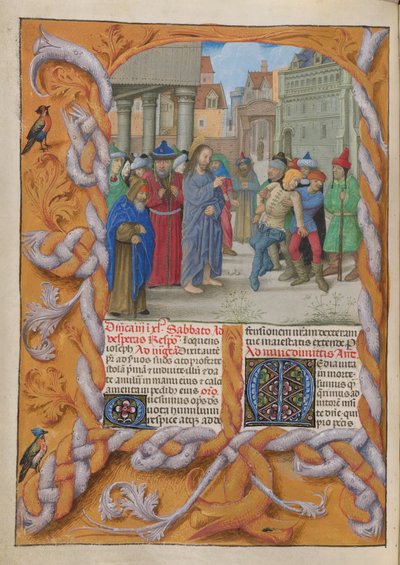 Temporale (1ª porção: do Primeiro Domingo do Advento ao Sábado Santo). Cristo expulsando um demônio mudo (terceiro domingo da Quaresma). Borda e duas colunas de texto, com iniciais. 作： Master of the Dresden Prayer Books