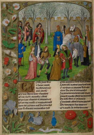 A Carolle no Jardim. O Amante é convidado a dançar com um grupo de casais liderados por Sir Mirth e Lady Gladness., de 