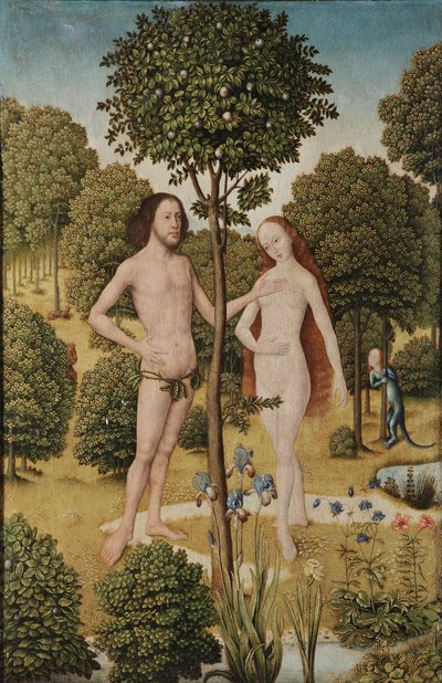 エデンの園のアダムとイブ（パネルに油彩） 作： Master of the Embroidered Foliage