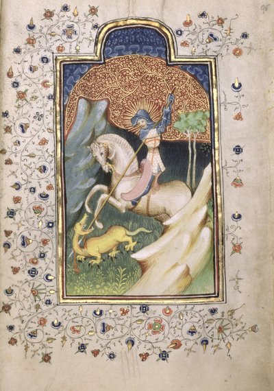 ドラゴンと戦う聖ジョージ、1420-30（羊皮紙のテンペラとゴールド） 作： Master of the Embroidered Foliage
