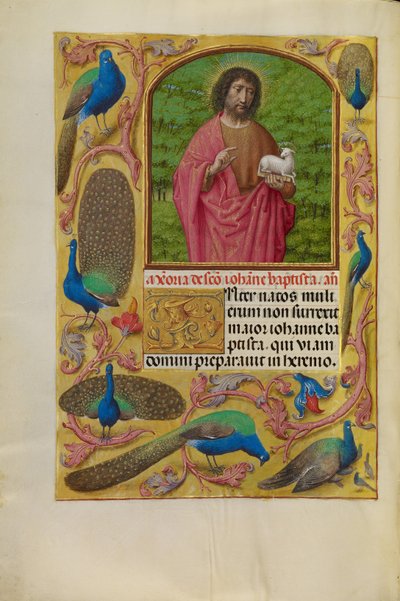 本の上に神の子羊を乗せた洗礼者ヨハネ 作： Master of the First Prayer Book of Maximilian