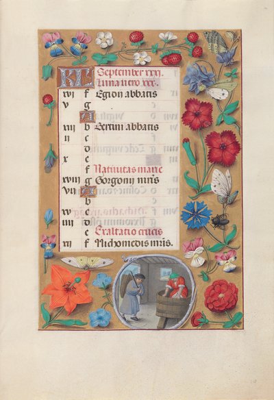 スペイン女王イザベラの時間：  フォル10r, September 作： Master of the First Prayerbook of Maximillian