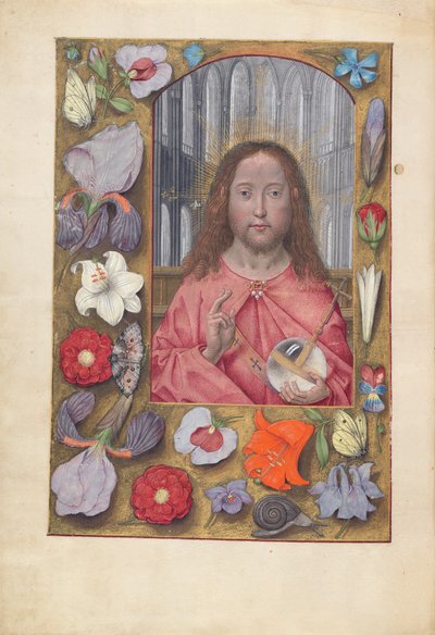 スペイン女王イザベラの時間：  フォル14v, サルバトール・ムンディ 作： Master of the First Prayerbook of Maximillian