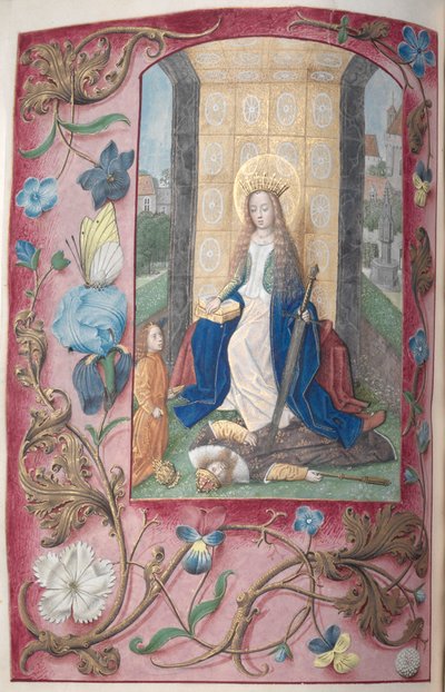 スペイン女王イザベラの時間：  フォル。189v, 聖カタリナ 作： Master of the First Prayerbook of Maximillian