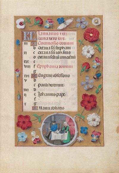 スペイン女王イザベラの時間：  フォル2r、1月～祝日 作： Master of the First Prayerbook of Maximillian