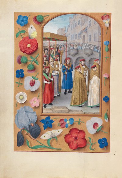スペイン女王イザベラの時間：  フォル43v 聖餐の行列 作： Master of the First Prayerbook of Maximillian