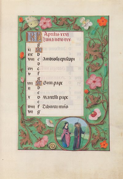 スペイン女王イザベラ女王の時間：フォル。 4月5日-従者と乙女、c。 1500。 作： Master of the First Prayerbook of Maximillian