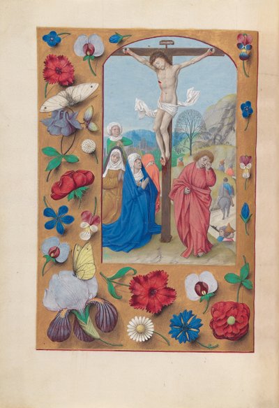 女王イザベラカトリック、スペイン女王の時間：フォル。 72v、はりつけ、c。 1500。 作： Master of the First Prayerbook of Maximillian