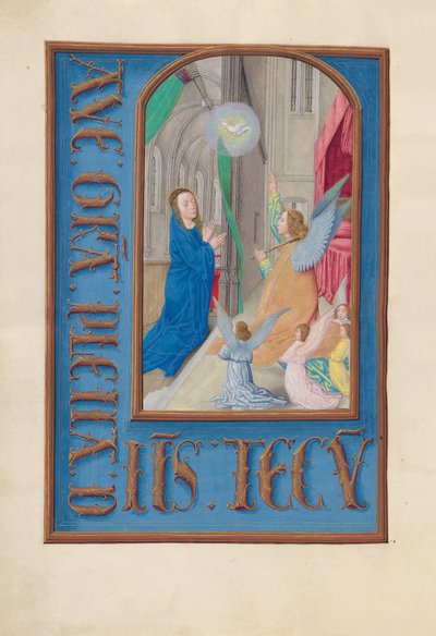 女王イザベラカトリック、スペイン女王の時間：フォル。 97v、受胎告知、c。 1500。 作： Master of the First Prayerbook of Maximillian