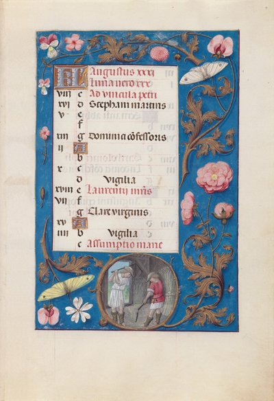 スペイン女王イザベラの時間：  フォル9r, 8月 - 脱穀する麦 作： Master of the First Prayerbook of Maximillian