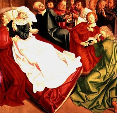 聖母の死」（油彩・パネル） 作： Master of the Freising Visitation