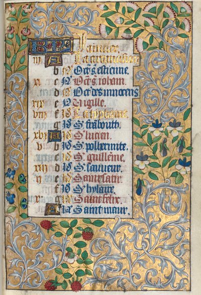 ルーアンの時間使用法：fol。 1r、精巧な葉状ボーダー、c。 1470。 作： Master of the Geneva Latini