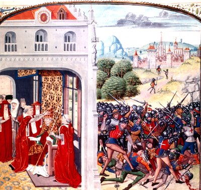 ジャン・フロワサールによるフランス・アヴィニョンでの教皇グレゴリー9世の奉献（1227年～1241年の教皇職）（ベラム製 作： Master of the Harley Froissart