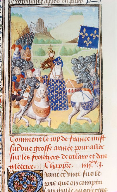 ハーレー 4380 fol.196v フランスのシャルル 6 世 (1366-1422) は、ジャン・フロワサール (c.1333-1404) による「フロワサールのクロニクル」の第 2 巻第 IV 部から、カレーに対する遠征を率いる (ベラム) 作： Master of the Harley Froissart