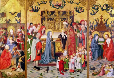 聖母マリアの崇拝を描いた、聖母マリアの七つの喜びの祭壇画、神殿での贈り物とマリアに現れたキリスト、1480年 作： Master of the Holy Family