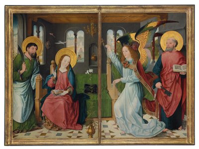 受胎告知、聖人バーソロミューとピーター、祭壇画からの2つの翼 作： Master of the Holy Kinship