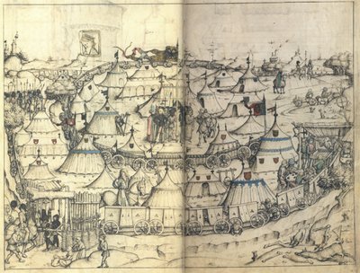 ヴォルフェッグ城の中世のハウスブックからの荷馬車の砦、1485年頃 作： Master of the Housebook of Wolfegg