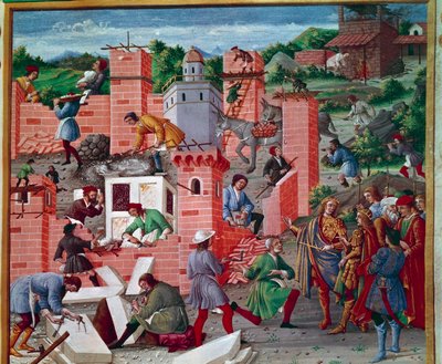 ローマ市の建設。 双子のロムルスとレムスが現場を訪問（作業の視察と事前作業）。 作業員は作業に積極的に取り組んでいます。メイコン、ストーン テーラー、ベアラー、大理石、セメント (セメントの準備) が働いています。 「」ロムレオンのミニチュア。 作： Master of the Innocent III missal