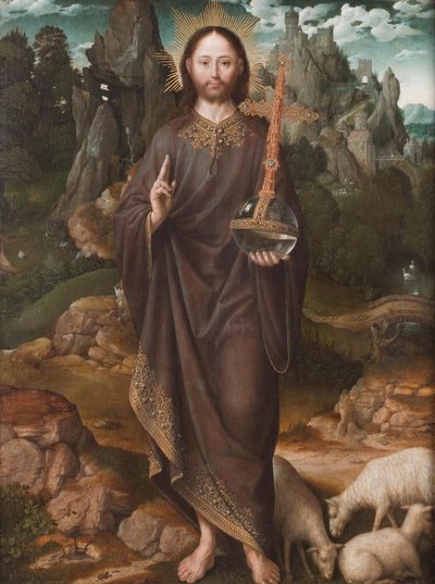 オランダ語：Christus als Salvator Mundi 風景の中の救世主ムンディ 作： マンシマグダレンのマスター