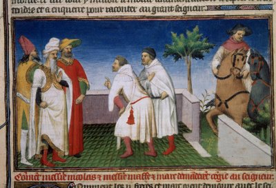 ポーロ兄弟のマッテオとニッコロは、クビライ（クビライ・ハン、モンゴル元朝（1215～1294）の初代皇帝）からコンジュを求める。 不思議の書」（「世界の逸脱」、「イル・ミリオーネ」）Ms.2820 folio 6から抜粋したミニチュア。エンル 作： Master of the Mazarine