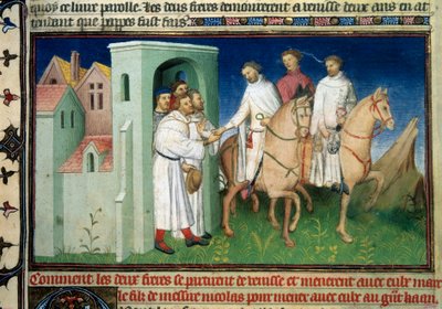 ヴェネツィアを出発するポーロ兄弟、マッテオとニッコロ。マルコ・ポーロ（1254-1324）の「不思議の書」（「世界の折衷」、「イル・ミリオーネ」）（Ms.2810、フォリオ4）から抜粋したミニチュアで、1410-1412年頃、マザリンのマスターによって盛り上げられています。BNです。 作： Master of the Mazarine