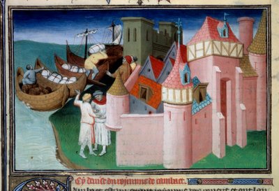 インド、カンバト市での玉の荷揚げ。不思議の書」（"Devisement du monde", "Il Milione"）Ms2810, Folio 86vのミニチュア。マルコ・ポーロ（1254-1324）が執筆し、マザリンのマスターが入稿した原稿（1410-1412年頃）。BN、パー 作： Master of the Mazarine