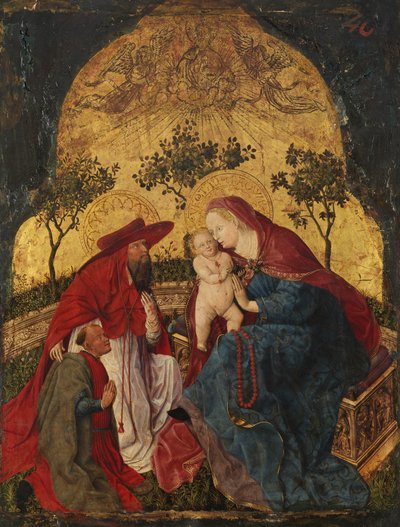 聖人ジェロームから贈られた献体を持つ聖母子像 1450年頃 作： Master of the Munich Bavarian Panels