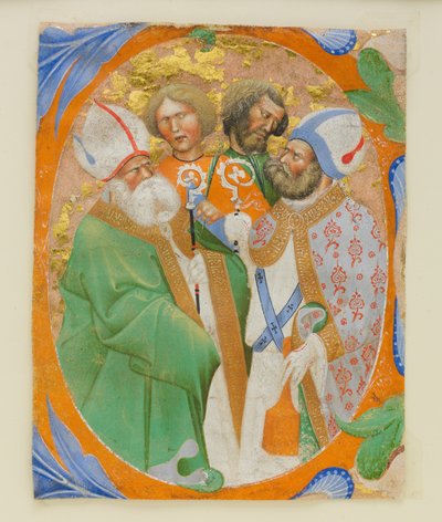 頭文字Oの中に4人の聖人が描かれたマニュスクリプト・イルミネーション、1440-50年の合唱曲集より。 作： Master of the Murano Gradual