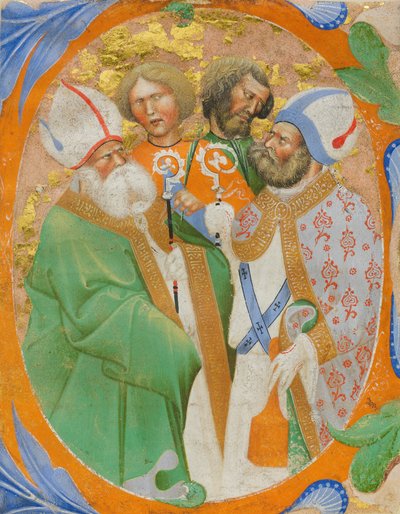 頭文字Oに4人の聖人が描かれた聖歌集のマニュスクリプト・イルミネーション、イタリア、1440-50年。 作： Master of the Murano Gradual