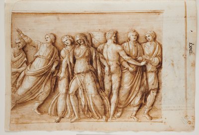 フォリオ 61、直訳：ローマの石棺、ローマ、パラッツォ バルベリーニ、1512～17 年頃（ペンと茶色のインクに茶色のウォッシュを施した茶色のインク） 作： Master of the Oxford Album