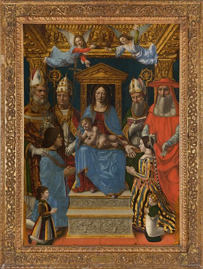 マドンナは子供、教会の医師、モロのルドヴィコの家族と一緒に即位した 作： Master of the Pala Sforzesca