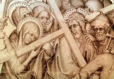 ナルボンヌの装飾：十字架を背負ったキリスト（絹のグリザイユ） 作： Master of the Parement of Narbonne