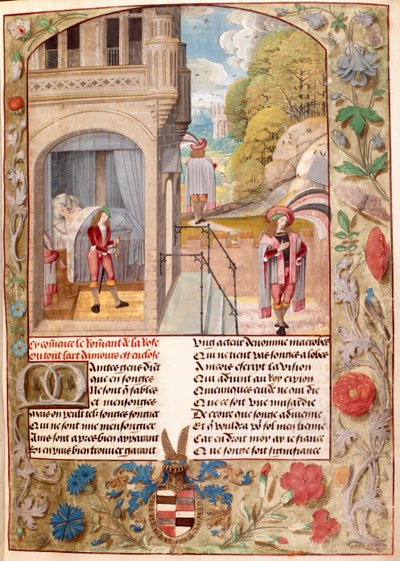 ハーレー 4425、fol.7 眠っている恋人、上昇し、愛の庭に行く、ギヨーム・ド・ロリスとジャン・ド・メンによる「ロマン・ド・ラ・ローズ」から、c.1490-1500（ベラム） 作： Master of the Prayer Books