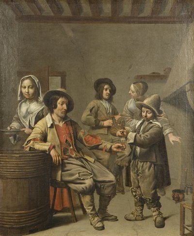 田舎者のためにグラスワインを注ぐ少年、1650年頃（帆布に油彩） 作： Master of the Processions