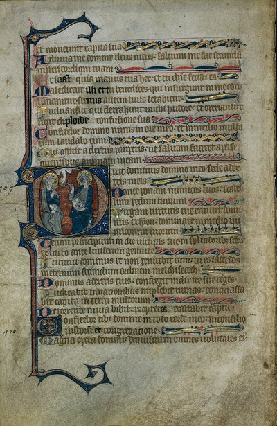 詩篇からの葉：トリニティと歴史的に描かれたイニシャルD、1310年頃。 作： Master of the Queen Mary Psalter