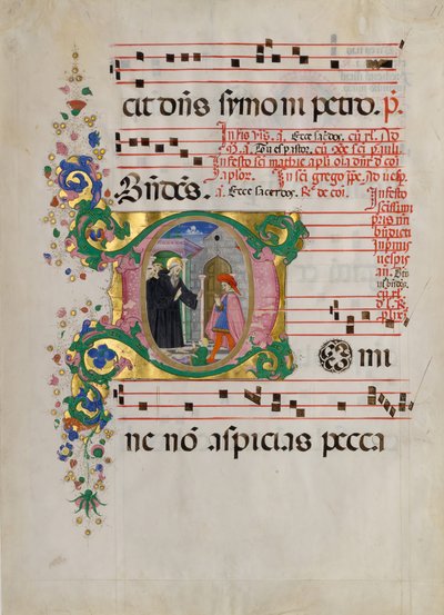 頭文字 D の少年を蘇生させる聖ベネディクトの写本の葉、15 世紀後半 作： Master of the Riccardiana Lactantius