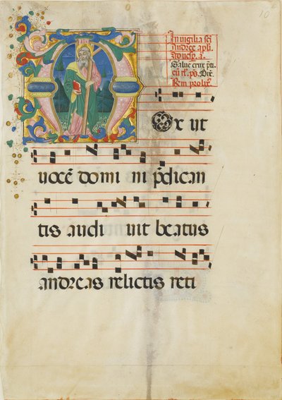 聖アンデレの饗宴が頭文字Mで描かれた写本の葉......15世紀後半 作： Master of the Riccardiana Lactantius