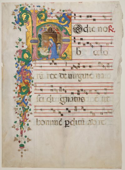 聖誕祭が頭文字Hで描かれた写本の葉（アンティフォナリーより） 15世紀後半 作： Master of the Riccardiana Lactantius